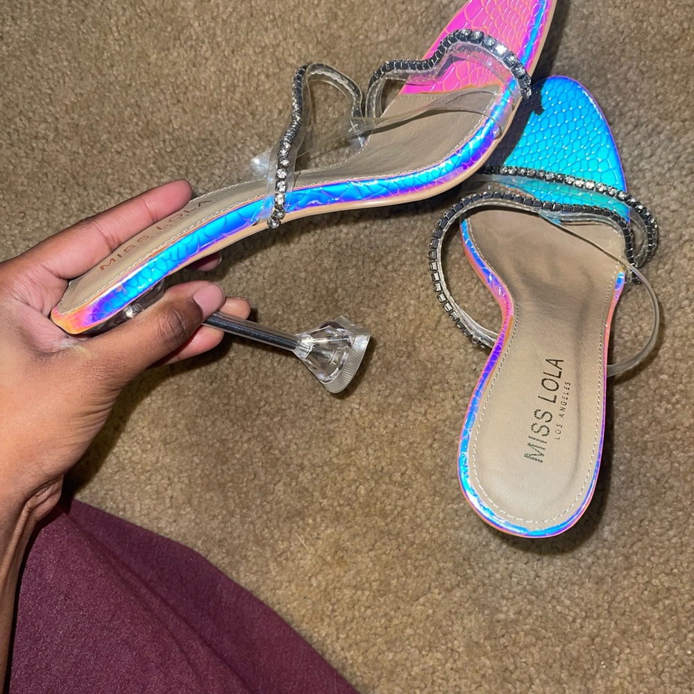 Miss Lola Iridescent Blue Heels with Rhinestone Straps - Picture 4 of 6